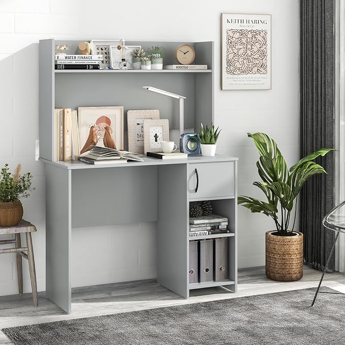 Tangkula Computer Desk with Hutch, Home Office Desk with Raised Display Shelf & 2 Open Shelves, Cabinet with Door, Cable Management Holes, Modern Laptop PC Desk, Study Writing Desk for Bedroom (Gray)