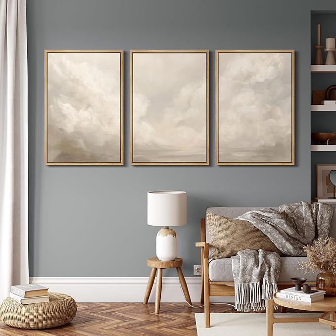 MUDECOR Framed Wall Art Print Set Neutral Cloudscape Soft Beige Abstract Sky Illustrations Modern Art Boho Decorative Colorful Chic for Living Room, Bedroom, Office - 24"x36"x3 Natural