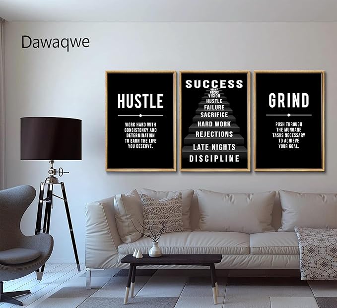 3Pcs Black and White Inspirational Phrases Wall Art Stairway to Success Canvas Posters Prints Never Give Up Pictures Paintings Office Wall Decor for Home Gym Workplace Unframed