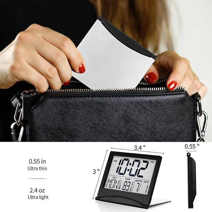 Betus Digital Travel Alarm Clock – Foldable Calendar, Temperature & Timer with Snooze – Large Number Display, Battery Operated – Compact Desk Clock for Home & Office (Black)