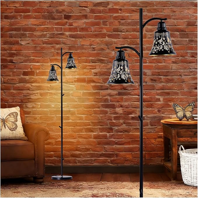 64.56" Tall Rustic Floor Lamp,2-Light Tree Gothic Black Metal Butterfly Lampshade Farmhouse Floor Lamps for Living Room,Western Standing Floor Light for Bedroom,Home,Office,Corner,Bar