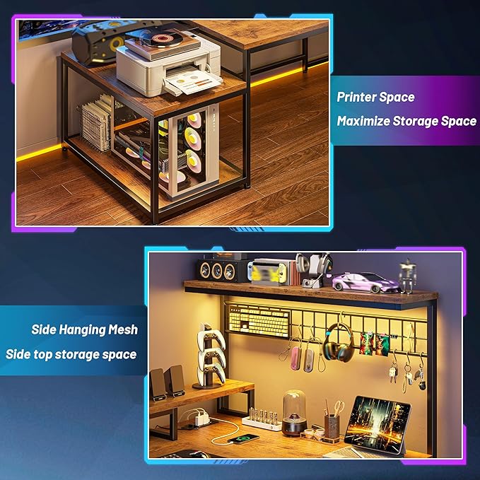 Gaming Desk with Shelves & Hooks, 56" L Shaped Computer Desk with LED Lights & Power Outlets & Monitor Stand and Printer Space for Home Office, Study Room, Bedroom, Rustic Brown