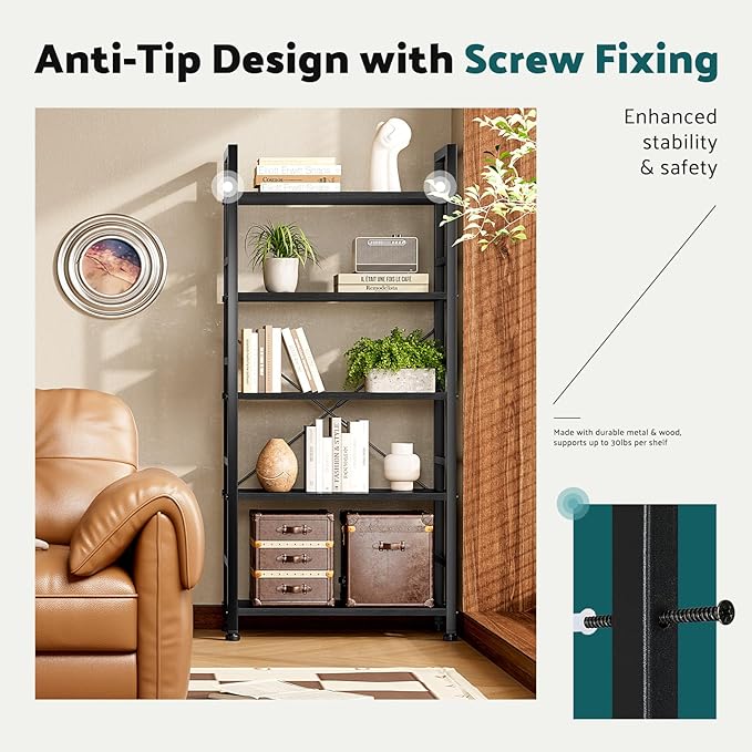 NEWBULIG Book Shelf 5 Tier Modern Bookcase Sturdy Metal Storage Organizer Books/CDs/Magazines Industrial Open Display Shelf for Bedroom Home Office Kitchen Living Room