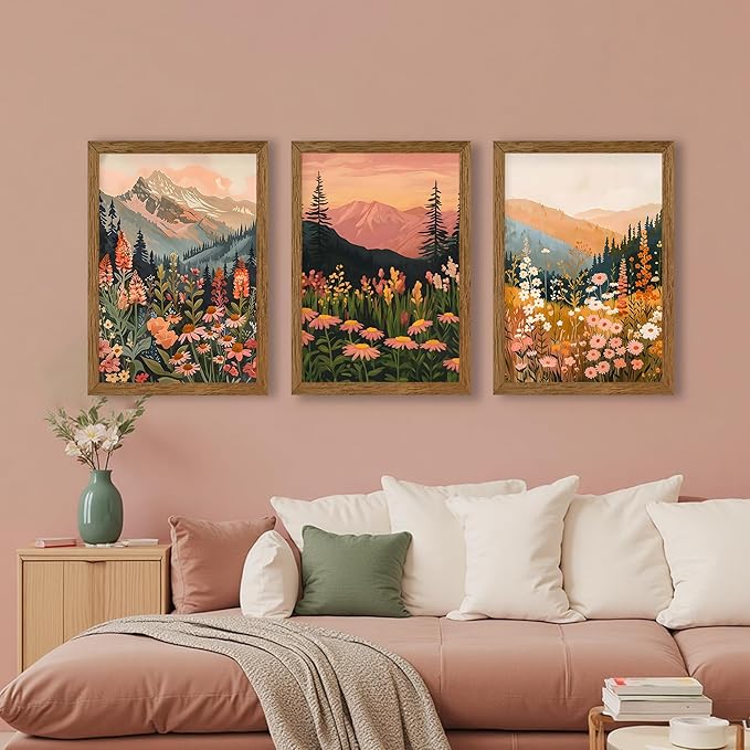 InspiredHues Colorful Landscape Boho Canvas Wall Art Set, 3 Piece Wildflower Mountain Wall Decor, Vintage Floral Rustic Nature Artwork Prints for Living Room Bedroom Office 16x24 Inch Wood Framed