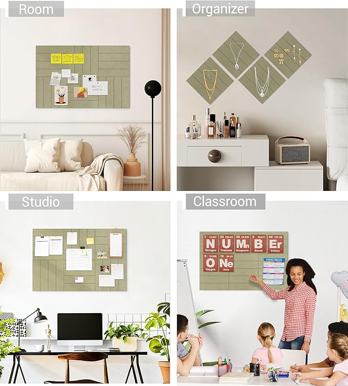 1/2" Thick Cork Board for Office, 6 Pack Felt Wall Tiles -28"x18" with Safe Adhesive Tabs, Large Bulletin Board, Push Pin Board Organizer Wall - Sage Green