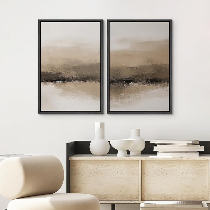 SIGNWIN Framed Canvas Print Wall Art Set Beige and Black Neutral Abstract Landscape Minimalist Illustrations Modern Art Decorative Multicolor for Living Room, Bedroom, Office - 16"x24"x2 Black