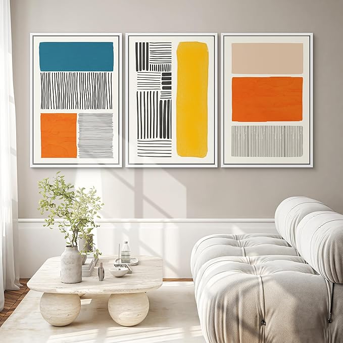 SIGNWIN Framed Canvas Print Wall Art Set Mid-Century Bright Color Block Collage Abstract Shapes Illustrations Minimalism Bohemian Decorative for Living Room, Bedroom, Office - 24"x36"x3 White