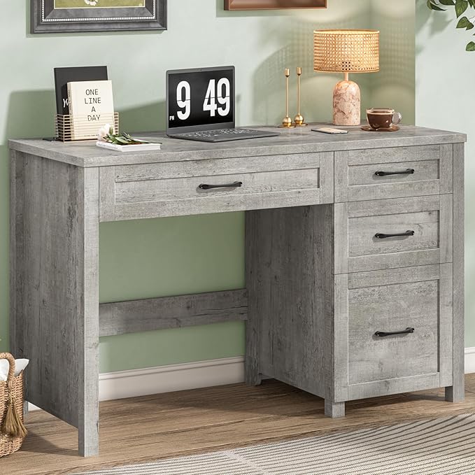 Vabches Farmhouse 47" Executive Desk with 4 Drawers, Computer Desk with File Drawer and Charging Station, Workstation for Home Office, Study.（Grey）