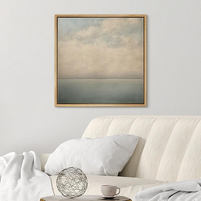 SIGNWIN Framed Canvas Print Wall Art Serene Ocean Horizon Soft Blue and Beige Coastal Landscape with Clouds Illustrations Decorative Boho Relax/Zen for Living Room, Bedroom, Office - 16"x16" Natural