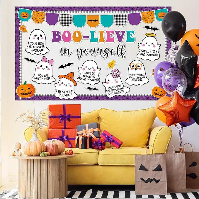 Halloween Bulletin Board Decorations Set Boo-Lieve in Yourself Classroom Decor Spooky Boo Ghost Pumpkin Paper Cutouts for Halloween Party October Office School Classroom Chalkboard Wall Supplies Favor