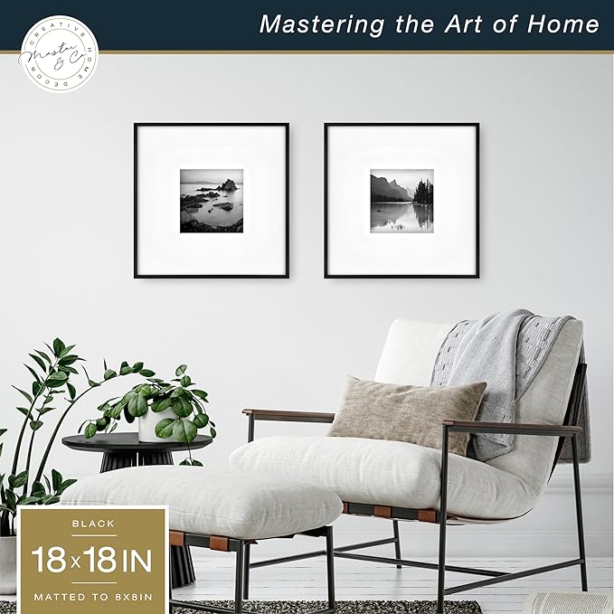 MCS Master & Co. Foundry Metal 18x18 Matted Picture Frame with 8x8 Photo Display, Black Vertical & Horizontal Wall Hanging Frame for Photos & Artwork (2-Pack)