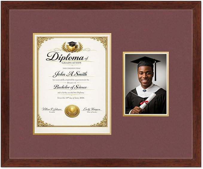 CountryArtHouse Fits 8.5 x 11 Certificate (Portrait) and 5 x 7 Photo Diploma and Photo Frame Rustic Walnut Genuine Hardwood with Dark Red Over Metallic Gold Double mat
