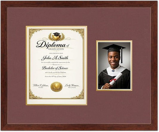 CountryArtHouse Fits 8.5 x 11 Certificate (Portrait) and 5 x 7 Photo Diploma and Photo Frame Rustic Walnut Genuine Hardwood with Dark Red Over Metallic Gold Double mat