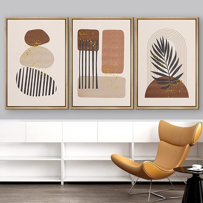 IDEA4WALL Framed Canvas Print Wall Art Set Geometric Mid-Century Pastel Polygon Tropical Leaf Abstract Shapes Illustrations Modern Art Nordic for Living Room, Bedroom, Office - 24"x36"x3 Natural