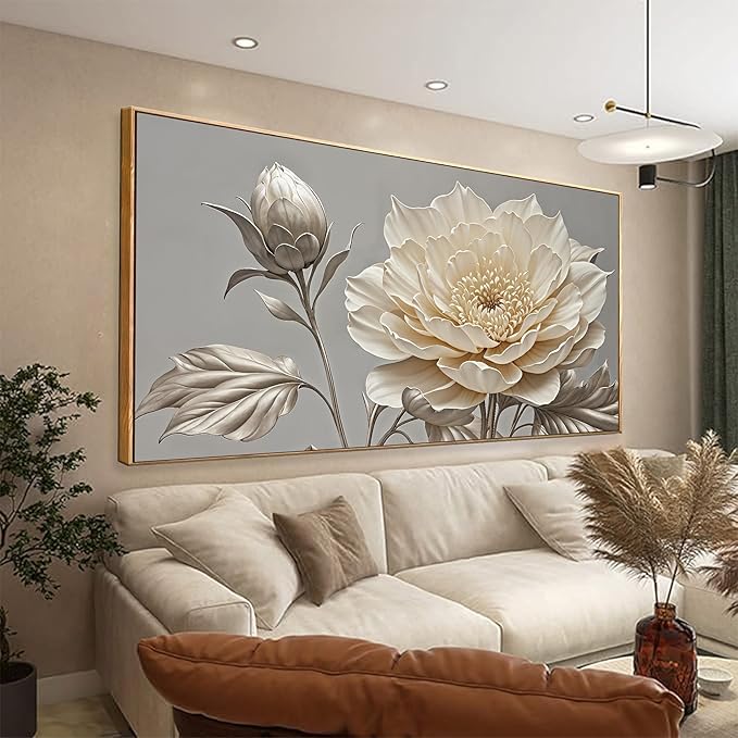Large Wall Art Living Room Home Wall Decor Modern Canvas Art Wall Decor 29 X 58 Inches White Flower Wall Art Painting Print Elegant Silver White Flower Picture For Bedroom Office Artwork With Framed