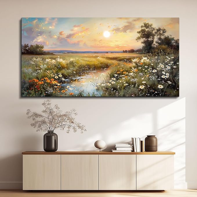 hyidecorart Large Canvas Wall Art for Living Room Wall Decor Bedroom Vintage Farmhouse Wildflower Wall Painting Office Decorations Nature Landscape Picture Artwork Aesthetic Home Decor Ready To Hang
