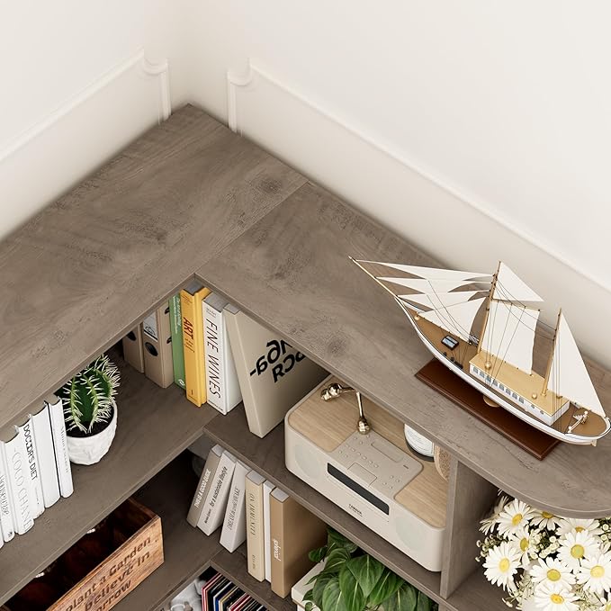 FOTOSOK 74” Tall Corner Bookshelf, 6-Tier Bookshelf and Bookcase with Open Storage, Tall Bookcases Wooden Storage Shelves for Home Office, Thickened Boards for Better Load Bearing, Vintage Grey
