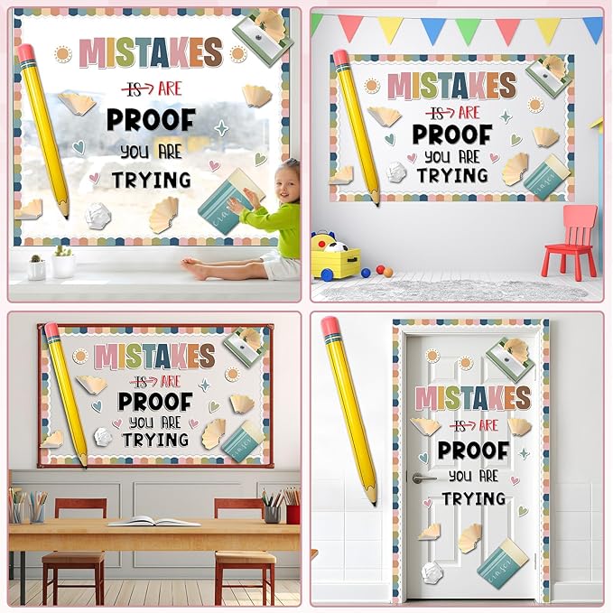 3D Back to School Bulletin Board Set with Pencil Balloon Inspirational Educational Classroom Decor Mistakes are Proof You are Trying Bulletin Board for Teacher Supplies Boho Pencil