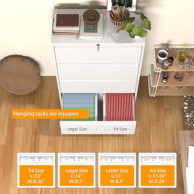 INTERGREAT 4 Drawer Lateral File Cabinet,White Lateral Filing Cabinet with Lock, 36" W Metal Steel Horizontal File Cabinets for Home Office, Easy Assembled
