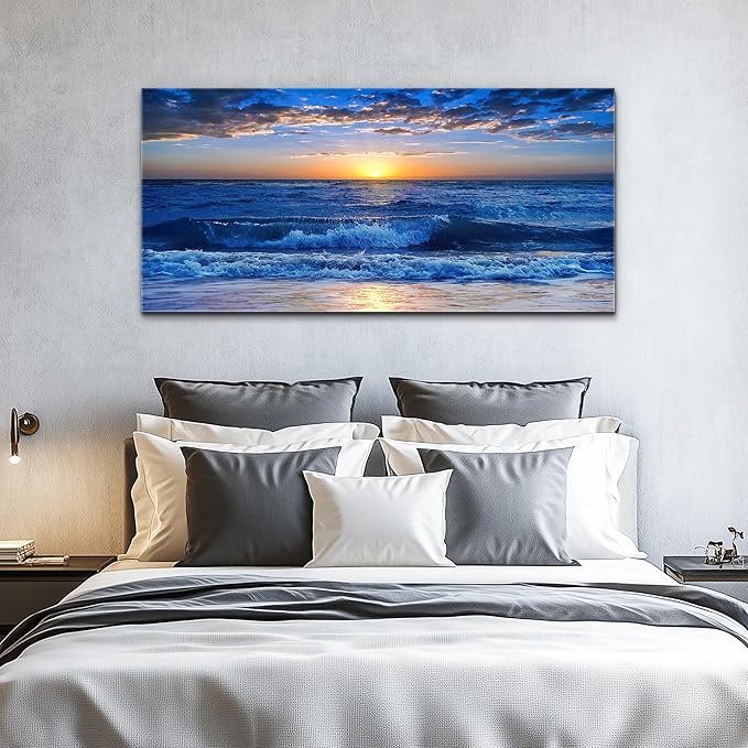 canvas wall art for living room Blue Ocean Sea sun landscape painting bathroom Wall Decor Ready to Hang for Home Decorations office family bedroom kitchen Works canvas Prints pictures 20" x 40"inch