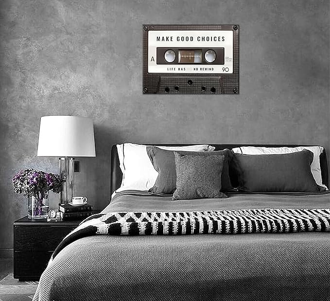 Inspirational Office Canvas Wall Art Picture Vintage Cassett Tape Prints Make Good Choices Life Has No Rewind Inspiring Artwork Motivational Wall Decor for Office Bedroom Living Room 24x36in Framed