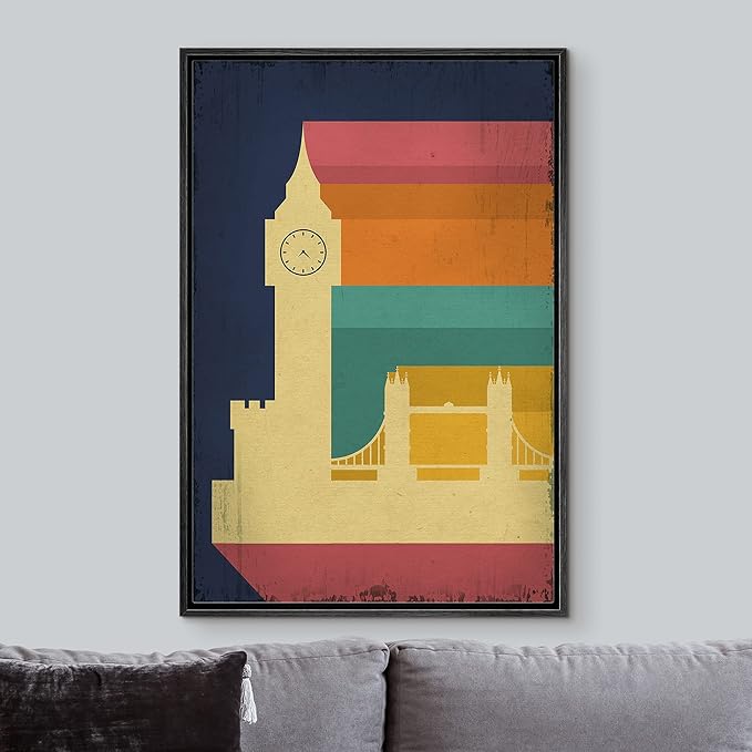IDEA4WALL Framed Canvas Print Wall Art Retro Vintage British Big Ben Poster Cultural Building Illustrations Modern Art Contemporary Scenic Warm for Living Room, Bedroom, Office - 24"x36" BLACK
