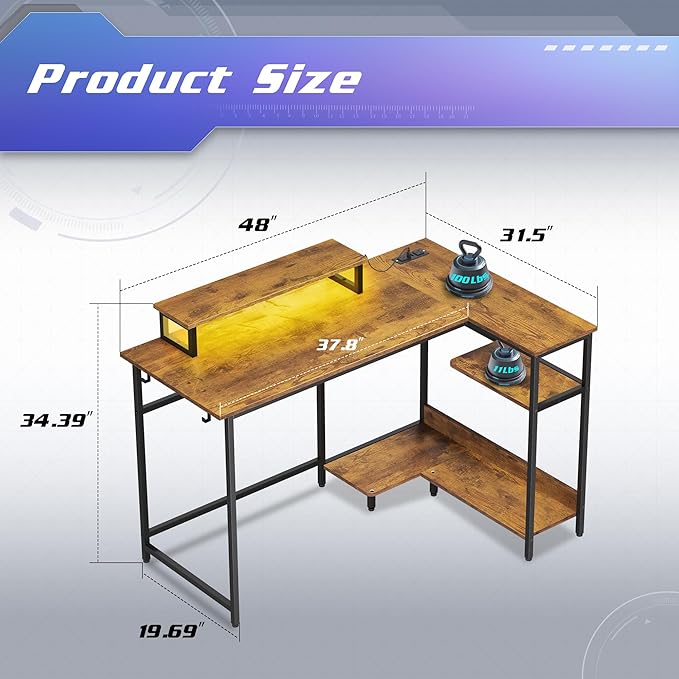 DEVAISE 47 Inch L Shaped Gaming Desk with LED Lights & Power Outlets, Corner Desk for Small Spaces, Sturdy PC Computer Table with Storage for Home Office, Rustic Brown
