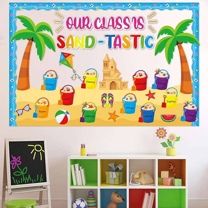 Summer Bulletin Board Decorations Set Our Class is Sand-Tastic Classroom Decor Bucket Hawaii Beach Theme Party Paper Cutouts for Back to School Office Teacher Chalkboard Wall Supplies Favor
