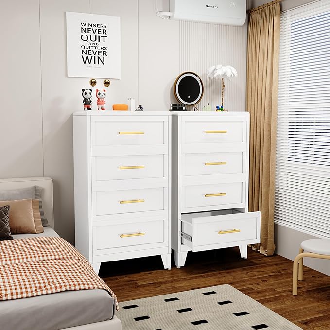 44.45" Tall Dresser for Bedroom 4 Drawers, Metal Dresser Chest of Drawers, Circular Drawer Cabinet for Home,Filing Cabinet with Drawers for Office (White)