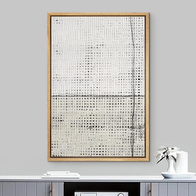 IDEA4WALL Framed Canvas Print Wall Art Grunge White Tan Geometric Grid Pattern Abstract Shapes Illustrations Modern Art Contemporary Relax/Calm for Living Room, Bedroom, Office - 24"x36" Natural