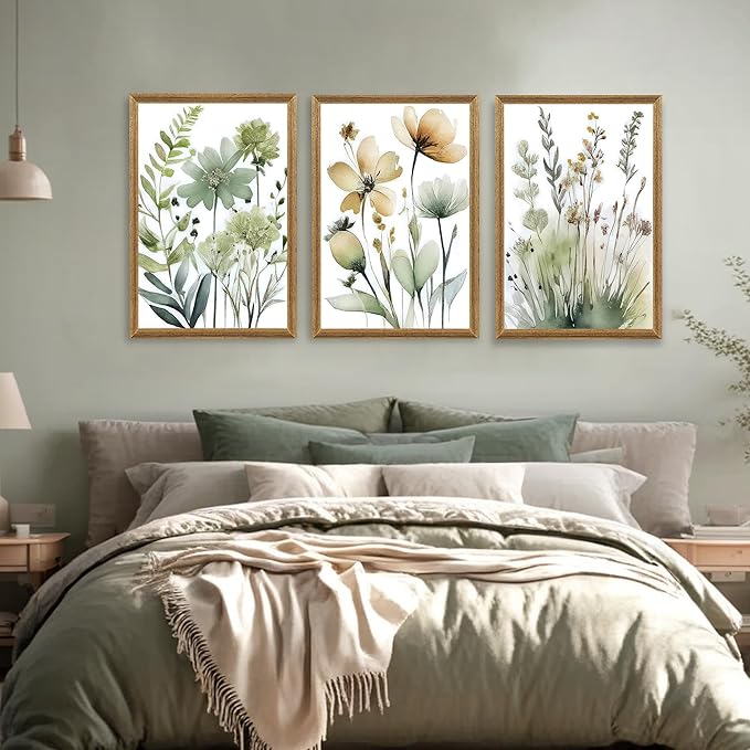 SYWENNOI 3 Pieces Wood Framed Green Botanical Canvas Wall Art, Boho Floral Watercolor Art Wall Decor, Minimalist Flower Pictures Poster Prints for Bedroom Bathroom Living Room Ready to Hang 20x30 In