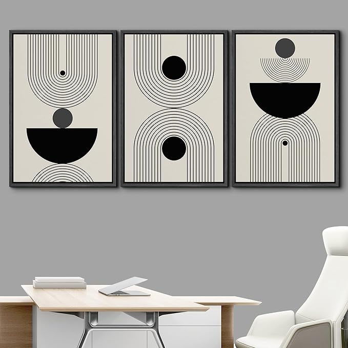 IDEA4WALL Framed Canvas Print Wall Art Set Geometric Dark Circle Striped Polygon Collage Abstract Shapes Illustrations Modern Art Decorative Nordic for Living Room, Bedroom, Office - 24"x36"x3 Black