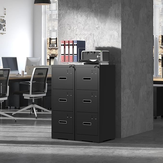 3 Drawer File Cabinet with Lock,Black Metal Filing Cabinets for Home Office,Vertical File Cabinet,Heavy Duty Metal Storage Cabinet for A4/Letter/Legal Size Files,Assembly Required