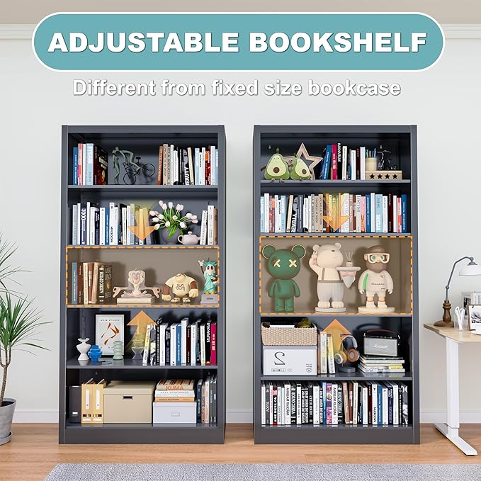 Bookcase, 5 Tier Bookshelves, 14" Deep Book Case for Book/Decor/CD/Movie, Metal Adjustable Book Shelf, 66" Tall Modern Bookshelf for Bedroom Living Room Home Office School (Black, 66"Hx33"Wx14"D)