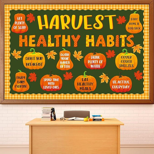 Fall Pumpkin Healthy Bulletin Board Decorations Autumn Pumpkin Health Theme Paper Cutouts Fall Healthy Habits Bulletin Board Border Set for School Chalkboard Wall Decor Supplies