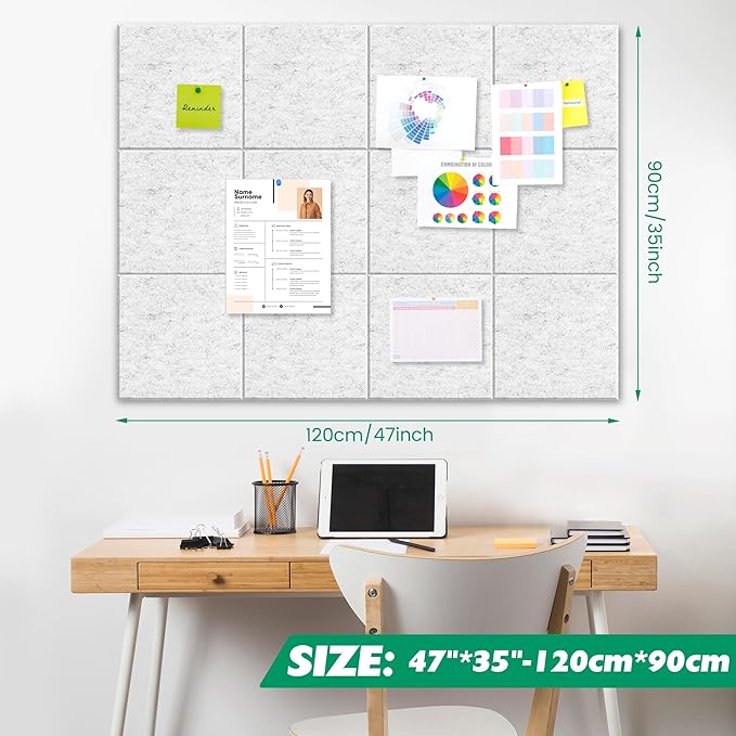 Large Cork Board Alternative - 11.8"x11.8"x0.35" 12 Pack Felt Wall Tiles Self-Adhesive Safe Removable Large Corkboard Bulletin Board Felt Cork Board for Walls Cork Board for Office 48 x 36-White Grey