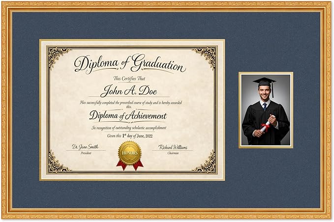 Diploma Frame With Photo Opening Museum Gold Navy Blue Over Gold Mat - Fits 17 x 13 Degree and Picture Made in the USA