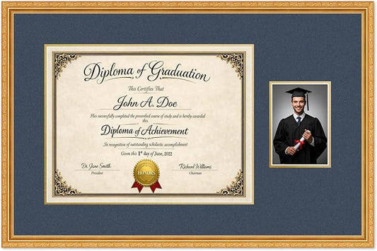 Diploma Frame With Photo Opening Museum Gold Navy Blue Over Gold Mat - Fits 17 x 13 Degree and Picture Made in the USA