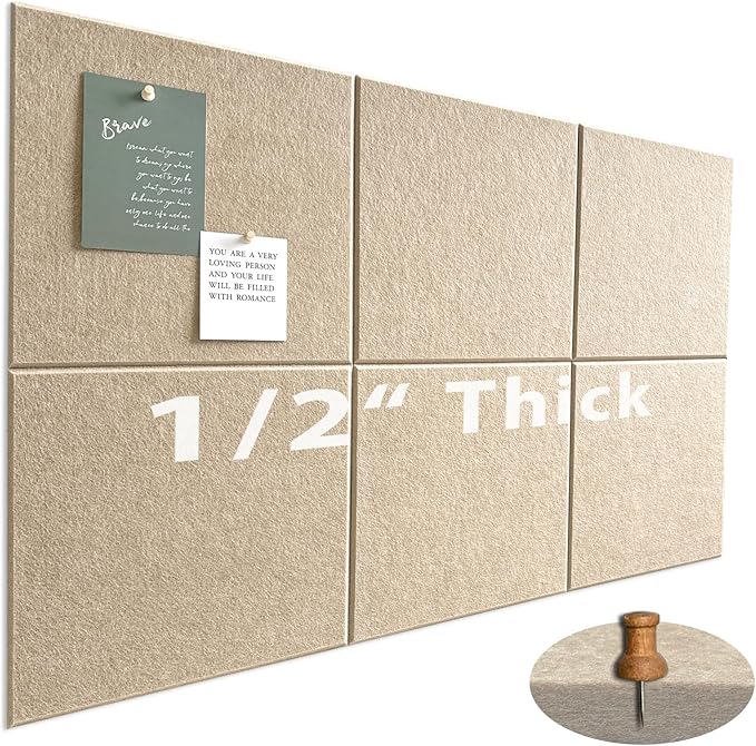 Large Cork Board for Office Wall Decor,36"x24"-6 Pack Felt Wall Tiles with Safe Removable Adhesive Tabs, 1/2" Thick, Felt Bulletin Board Pin Board Cork Boards for Walls - Tan
