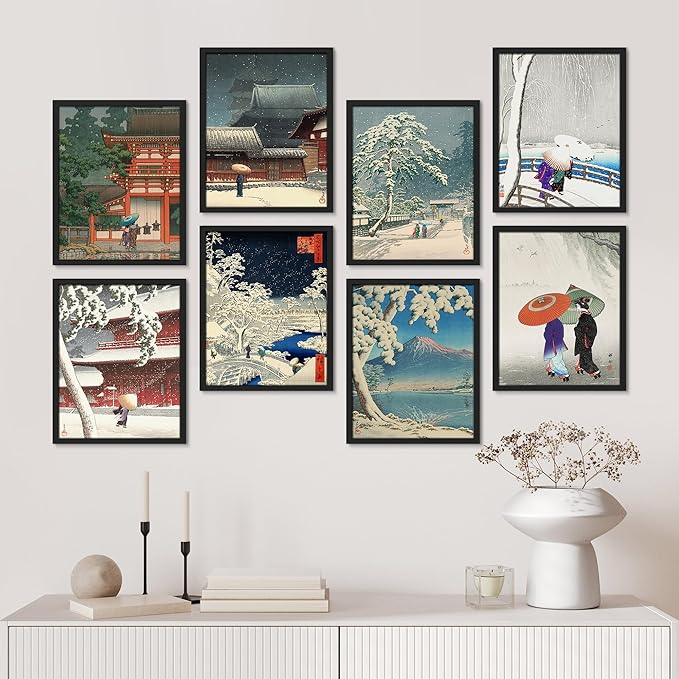 SIGNWIN Framed Poster Wall Art Set of Two Women in The Rain, Two Women in The Snow, Walking by a Temple on a Snowy Day for Living Room, Bedroom, Office - 12"x16"x 8 Black