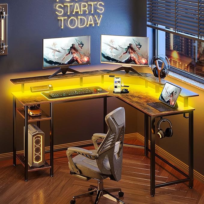 Rolanstar L Shaped Gaming Desk with LED Lights & Power Outlets, 46.2" Computer Desk with Full Monitor Stand & Storage Shelf, Corner Desk with Hooks, Rustic Brown Desk Reversible