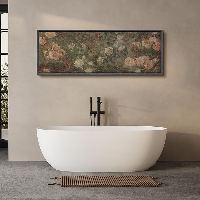 SIGNFORD Large Framed Canvas Vintage White Rose Garden Print Classic Floral Illustrations Modern Art Calm Warm for Living Room, Bedroom, Office - 60"x20"