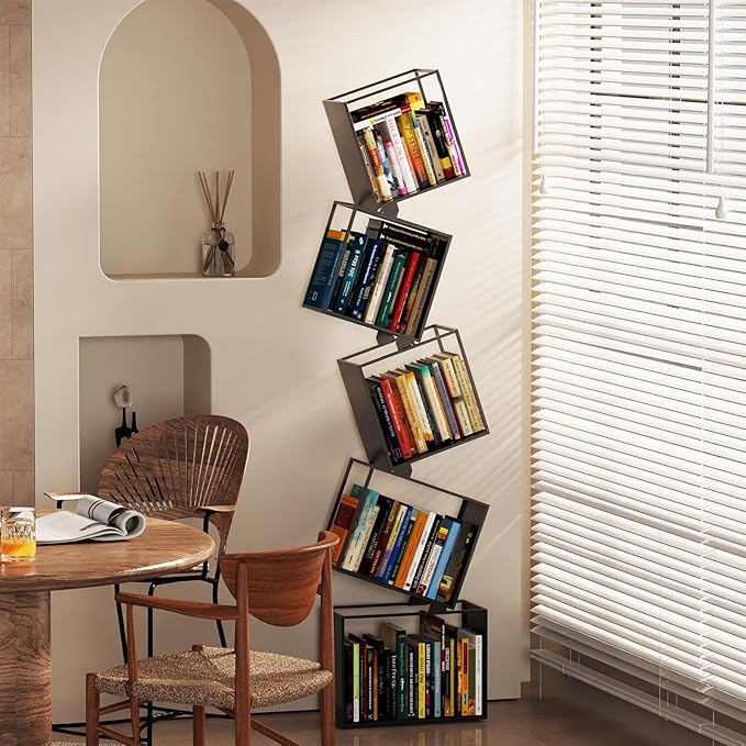 5-Tier Metal Bookshelf – Modern Geometric Narrow Bookcase with Matte Black Finish, Tall Storage Organizer Display Shelf for Living Room, Bedroom, Office, Small Spaces