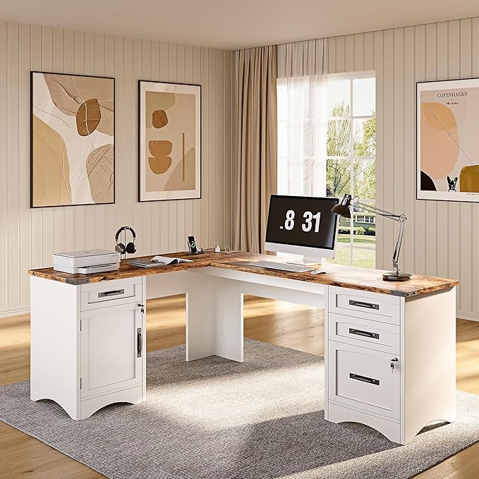 L Shaped Farmhouse Executive Desk with Drawers, 67" Home Office Desks with Fast Charging Station, Lockable File Cabinet, Wood Writing Computer Desk for Work, Study, White