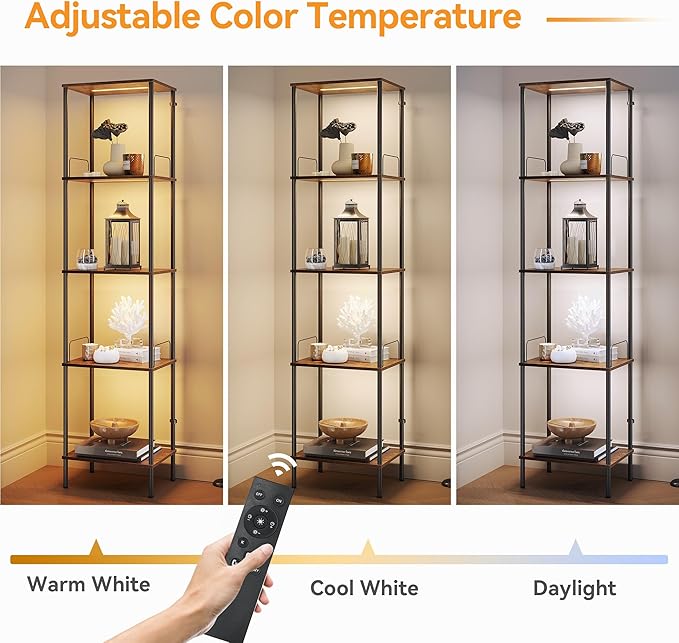 SUNMORY Display Shelf with Dimmable Lights, Lighted Display Cases for Collectibles, Adjustable Color Temperature and Brightness, Display Cabinet, Floor Lamp with Shelves, Home Decor, Rustic Brown