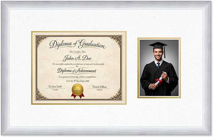 Diploma Frame With Photo Opening Stainless Silver Oyster Shell Over Gold Mat - Fits 11 x 8.5 Degree and Picture Made in the USA