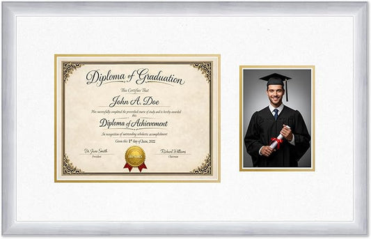 Diploma Frame With Photo Opening Stainless Silver Oyster Shell Over Gold Mat - Fits 11 x 8.5 Degree and Picture Made in the USA