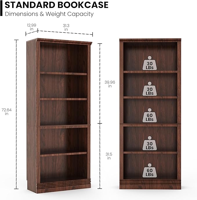 72 in Tall Bookcase, 31.3 in Wide Floor Standing Bookshelf, Open Storage 5-Shelf Bookshelves, Dark Cherry Large Indoor Furniture for Home Office School Library Living Room Bedroom