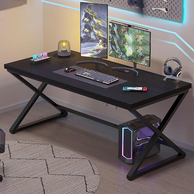 IBF Black Desk, Modern Computer Desk for Writing Study, Industrial Simple Home Office Work Desk in Bedroom, Wood Metal Pc Gaming Laptop Workstation Executive Computer Table, Black Oak, 60 Inch