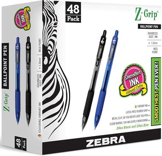 Zebra Pen Z-Grip Retractable Ballpoint Pens, Medium Point 1.0 mm, 24 Black Pens & 24 Blue Pens Combo Bulk Pack - 48 Pack